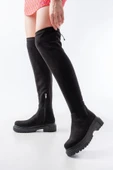 812-2194 Siyah Süet Fermuarlı Diz Üstü Bağcıklı Çorap Günlük Kadın Çizme thumbnail 2