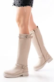 02-307 Bej Düz Topuklu Günlük Bayan Binici Çizme thumbnail 1