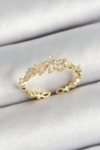Pirinç Papatya Figürlü Zirkon Taşlı Gold Renk Ayarlanabilir Kadın Yüzük - 1