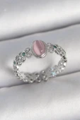 Pirinç Gümüş Renk Zirkon Taş Detaylı Pembe Mineli Damla Model Ayarlanabilir Kadın Yüzük - 1