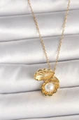 316L Çelik Gold Renk Zincir Açılır İncili Midye Model Kadın Kolye - 2