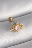 316L Çelik Gold Renk Pembe Mineli Kalp Zirkon Taş Detay Tragus Piercing - 1