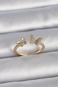Pirinç Gold Renk Ayarlanabilir Zirkon Taşlı Kelebek Model Kadın Yüzük - 1