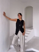 Kadın siyah bisiklet yaka gold düğmeli ottoman bluz s2310 - 3