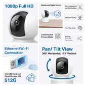 TP-LINK  Tapo C202, Bebek/Ev Güvenlik Kamerasi, WiFi-Ehernet, 1080P, 12Mt Gece Görüsü, PAN/TILT, iki Yönlü Ses - 3