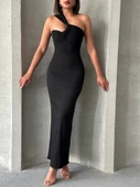 Krinkıl tek omuz uzun elbise siyah s25455 - 5