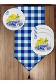 Pusula Home Mavi Ekose Ve Limon Desenli 6'lı Supla Ve Runner Set - 1