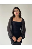 OlaLady Prenses Kollu Romantik Siyah Kalem Elbise - 1