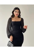 OlaLady Prenses Kollu Romantik Siyah Kalem Elbise - 2