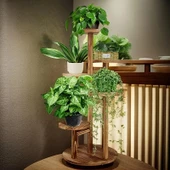 Tekerlekli Çiçeklik 5 Raflı Saksılık Dekoratif 5 Raflı Çiçeklik Doğal Ahşap Saksılık Çiçek Rafı Daire Model - 6