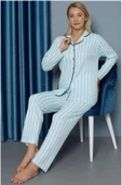 Marka Gömlek Yaka Çizgili Düğmeli Kadın Pijama Takımı - 1