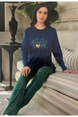 Marka Pamuklu Esnek Kadın 2'li Pijama Takımı Lacivert-Yeşil - 1