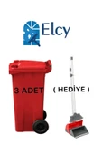 ELCY 3 Adet Kırmızı Plastik Çöp Konteyneri 120 LT Isıya Karşı Dayanıklı ve Faraş Hediyeli - 1