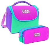 Coral High Kız Çocuk Pembe Yeşil Çok Renkli Thermo Beslenme Çantası ve İki Bölmeli Kalemlik Seti thumbnail 1