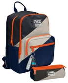 Coral High Erkek Çocuk Dört Gözlü Okul Sırt Çantası ve  Kalemlik Seti - Lacivert Bej Renkli Çizgili - İlkokul ve Ortaokul İçin Uygun thumbnail 1