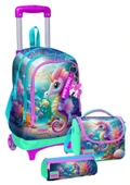 Coral High Çekçek Tekerlekli Kız Çocuk, Su Yeşili Denizatı, İlkokul Üçlü Okul Çanta Seti thumbnail 1