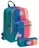 Coral High Kız Çocuk Dört Gözlü Okul Sırt Çantası ve  Kalemlik Seti - Yeşil Mavi Pembe Renkli Çizgili - İlkokul ve Ortaokul İçin Uygun thumbnail 1