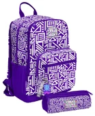 Coral High Kız Çocuk Dört Gözlü Okul Sırt Çantası ve  Kalemlik Seti - Mor Beyaz Geometrik Şekiller - İlkokul ve Ortaokul İçin Uygun thumbnail 1