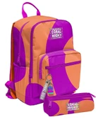 Coral High Kız Çocuk Dört Gözlü Okul Sırt Çantası ve  Kalemlik Seti - Turuncu Mor Renkli Çizgili - İlkokul ve Ortaokul İçin Uygun thumbnail 1