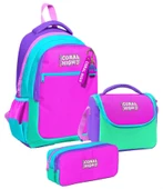 Coral High Üç Gözlü Pembe Yeşil Çok Renkli, Kız Çocuk, İlkokul Üçlü Okul Çanta Seti thumbnail 1
