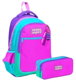 Coral High Üç Bölmeli İlkokul Sırt Çantası ve İki Bölmeli Kalemlik - Kız Çocuk - Pembe Yeşil Çok Renkli thumbnail 1