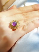 Doğal Taş Ametist Doğal Taşlı Telkari Model  Kadın Ayarlanabilir Altın Kaplama Yüzük euy62amtg thumbnail 2