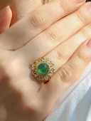 Doğal Taş Yeşil Akik Doğal Taşlı Telkari Model  Kadın Ayarlanabilir Altın Kaplama Yüzük euy62yag thumbnail 2