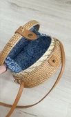 Çanta Bambu Rattan El Yapımı Deniz Kabuklu Yuvarlak Deri Askı Kadın Hasır Omuz Çantası 17953 - 4