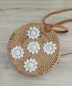 Çanta Bambu Rattan El Yapımı Deniz Kabuklu Yuvarlak Deri Askı Kadın Hasır Omuz Çantası - 3
