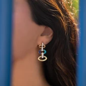 Mavi Turkuaz Mineli Oval Tasarım Altın Küpe - 1