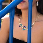 Mavi Turkuaz Mineli Oval Tasarım Altın Küpe - 2