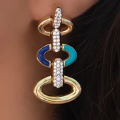 Mavi Turkuaz Mineli Oval Tasarım Altın Küpe - 3