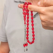 Gümüş Kırmızı Ateş Kehribar Tesbih - 2
