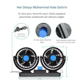 Araç İçi Vantilatör 360° Dönebilen Torpido Üstü Çift Başlıklı Vantilatör 12v Uyumlu Soğutucu Fan thumbnail 5