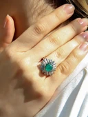 Doğal Taş Yeşil Akik Doğal Taşlı Papatya Modelli Kadın Ayarlanabilir Gümüş Kaplama Yüzük euy64yar thumbnail 2