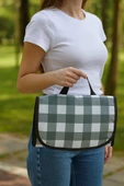 Kendinden Çantalı Haki Ekose Piknik Örtüsü 150X150 cm Taşınabilir Cırtlı Piknik Matı, Taşıma Kordonlu, Ince Katlanabilir Örtü - 3