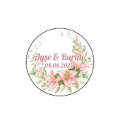Pembe Gül ve Tomurcuk Çelenk Etiketi Kına Nişan Düğün 3x3 cm özel etiket / 50 adet sticker - 1