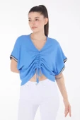 V yaka büzgülü detaylı bluz - 4