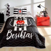 Taç Taraftar Lisanslı Pamuklu Tek Kişilik Yatak Örtüsü Seti (160x230)-Beşiktaş Stripe - 1
