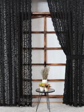 Pileli Bağlamalı Tül Fon Perde - Takım (2 Adet)  Siyah 100 x 260 cm - 1