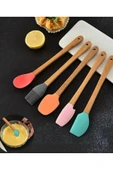 5'li Renkli Ahşap Saplı Silikon Uçlu Spatula Fırçalı Kaşık Seti -Yemek Hazırlık Seti 21 Cm - 3