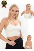 Göğüs Toparlayıcı Sarkma Önleyen Gündelik Spor Kullanım İnce İp Askılı Pedli Çizgili Crop Büstiyer - 6