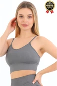 Göğüs Toparlayıcı Sarkma Önleyen Gündelik Spor Kullanım İnce İp Askılı Pedli Çizgili Crop Büstiyer - 4