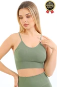 Göğüs Toparlayıcı Sarkma Önleyen Gündelik Spor Kullanım İnce İp Askılı Pedli Çizgili Crop Büstiyer - 4