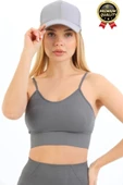 Göğüs Toparlayıcı Sarkma Önleyen Gündelik Spor Kullanım İnce İp Askılı Pedli Çizgili Crop Büstiyer - 2