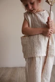 Bej Çizgili Asimetrik Cepli Müslin Takım - 7