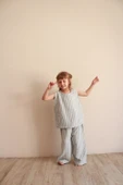 Mavi Çizgili Asimetrik Cepli Müslin Takım - 2