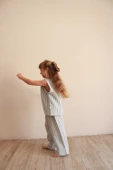 Mavi Çizgili Asimetrik Cepli Müslin Takım - 3