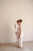 Bej Çizgili Asimetrik Cepli Müslin Takım - 6