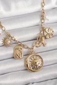 316L Çelik Gold Renk Halka Zincir Sallantı Ay Güneş Figür Kuş Detay Kadın Kolye - TJ-BKO9850 - 1